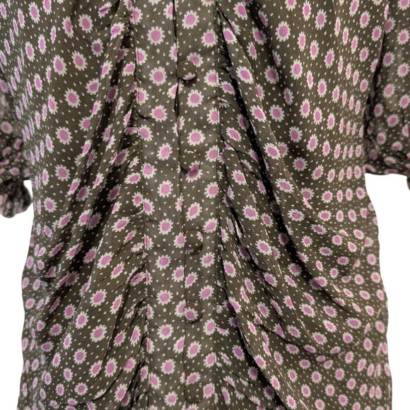 Anthropologie Womens Size 2 Moss Green Pink Floral Mesh Ruched Puff Sleeve Dress - Picture 7 of 12